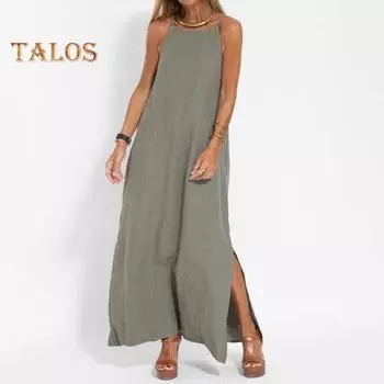 Летнее женское платье-комбинация с открытыми плечами, свободный подол, однотонный сарафан без рукавов с боковым разрезом, длина до щиколотки, повседневная повседневная одежда, платье макси L армия зеленый