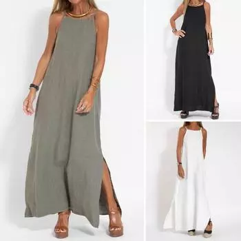 Летнее женское платье-комбинация с открытыми плечами, свободный подол, однотонный сарафан без рукавов с боковым разрезом, длина до щиколотки, повседневная повседневная одежда, платье макси L чёрный
