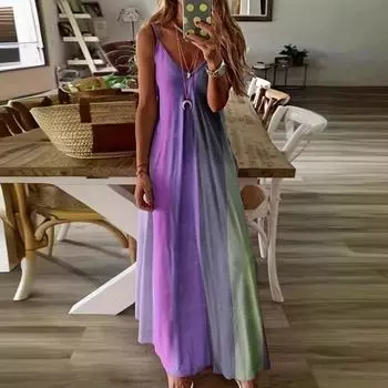 Летнее женское платье-комбинация с v-образным вырезом и цветными блоками в стиле пэчворк, с открытой спиной и без рукавов, облегающее платье трапециевидной формы, пляжная домашняя одежда, платье макси, платье на бретельках XL фиолетовый