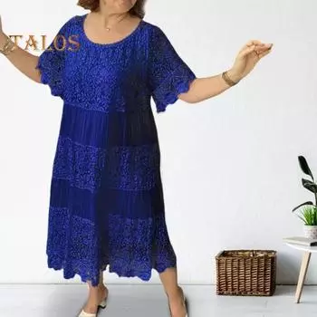 Летнее женское платье Кружевное лоскутное платье с круглым вырезом и короткими рукавами с цветочной вышивкой Плиссированное свободное платье до середины икры для покупок и свиданий L белый