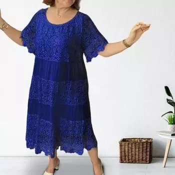 Летнее женское платье кружевное лоскутное с круглым вырезом и короткими рукавами с цветочной вышивкой в складку M красный
