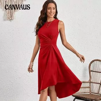 Летнее женское платье. Летние модные однотонные платья трапециевидной формы без рукавов. S красный