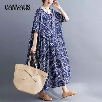 Летнее женское платье Литературные большие размеры Свободные хлопковые льняные женские длинные платья с короткими рукавами и принтом One Size красный