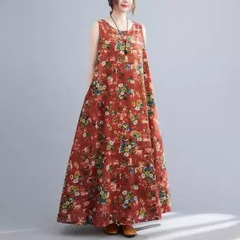 Летнее женское платье макси без рукавов с круглым вырезом и цветочным принтом, большие размеры, свободный подол, праздничное длинное платье, женская одежда 3XL красный