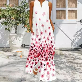 Летнее женское платье макси с цветочным принтом, свободное длинное платье без рукавов с карманами, большого размера, струящееся платье для выпускного вечера, ежедневного банкета S белый