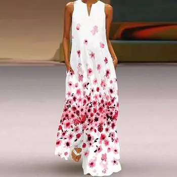 Летнее женское платье макси с цветочным принтом, свободное длинное платье без рукавов с карманами, большого размера, струящееся платье для выпускного вечера, ежедневного банкета S белый