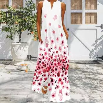 Летнее женское платье макси с цветочным принтом, свободное длинное платье без рукавов с карманами, большого размера, струящееся платье для выпускного вечера, ежедневного банкета S белый