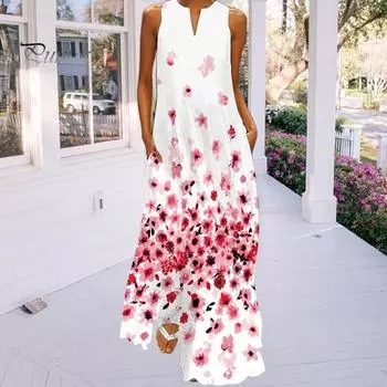 Летнее женское платье макси с цветочным принтом, свободное длинное платье без рукавов с карманами, большого размера, струящееся платье для выпускного вечера, ежедневного банкета S белый