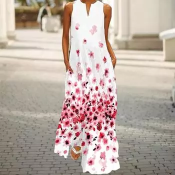 Летнее женское платье макси с цветочным принтом А-силуэта, свободное длинное платье без рукавов с карманами S белый