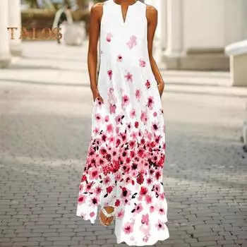 Летнее женское платье макси с цветочным принтом, свободное длинное платье без рукавов с карманами, большого размера, струящееся платье для выпускного вечера, ежедневного банкета S белый