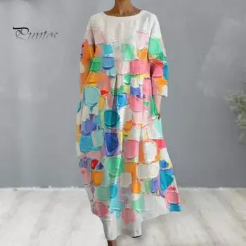 Летнее женское платье макси с красочным принтом, рукав три четверти, круглый вырез, свободное трапециевидное платье с большими боковыми карманами, длинное платье для отпуска, повседневная одежда S разноцветный