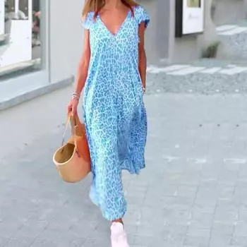 Летнее женское платье макси с v-образным вырезом и короткими рукавами, леопардовый принт, свободное повседневное длинное платье с карманами и карманами, уличная одежда XL розовый