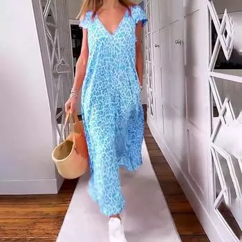 Летнее женское платье макси с v-образным вырезом и коротким рукавом с леопардовым принтом, свободное повседневное длинное платье с карманами, уличная одежда XL розовый