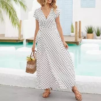 Летнее женское платье-макси в стиле бохо с коротким рукавом, шнуровкой на талии, разрезами в горошек, сарафан S синий