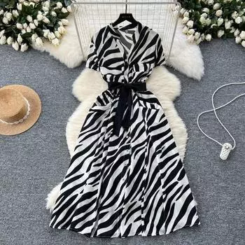 Летнее женское платье миди с принтом, винтажное, с V-образным вырезом, коротким рукавом, высокой талией, однобортное, повседневное, со шнуровкой, женское One Size