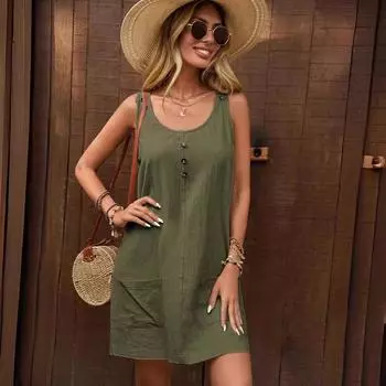 Летнее женское платье миди с U-образным вырезом, однотонное, без рукавов, с оборками на спине S чёрный