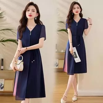 Летнее женское платье миди с V-образным вырезом, градиентным цветовым блоком и поясом-подвеской, 2025 L 105-115 jin тёмно-синий