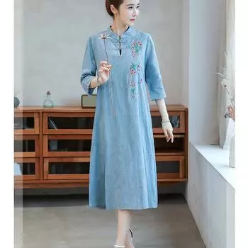 Летнее женское платье миди в китайском этническом стиле с вышивкой больших размеров M белый