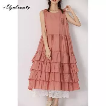 Летнее женское платье миди в японском стиле Mori Girl с круглым вырезом, белый, розовый, черный, абрикосовый сарафан с вышивкой, хлопковое платье миди без рукавов с оборками One Size розовый