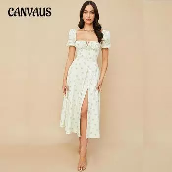 Летнее женское платье, модное длинное платье с пузырьковыми рукавами, U-образным вырезом и цветочными завязками S белый