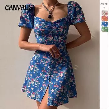 Летнее женское платье, модное короткое платье с рукавами-пузырьками и цветочным принтом, v-образным вырезом и пуговицами на груди