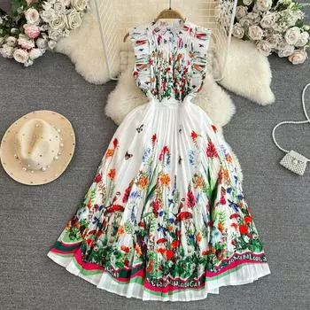 Летнее женское платье, модное платье без рукавов с цветочным принтом, обтягивающее плиссированное платье с высокой талией M розовый