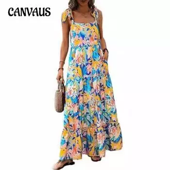 Летнее женское платье на бретельках без рукавов с принтом и карманами на молнии по бокам, многослойные платья S тёмно-синий