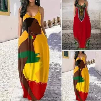 Летнее женское платье на бретельках в стиле ретро с контрастным цветным принтом большого размера с V-образным вырезом без рукавов и открытой спиной в богемном стиле трапециевидной формы длиной до щиколотки для отдыха Макси-платье S красный