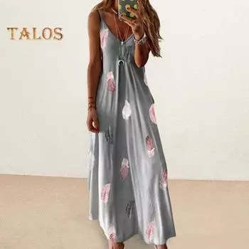 Летнее женское платье на бретельках в стиле ретро контрастного цвета с перьями свободное V-образным вырезом без рукавов в богемном стиле трапециевидной формы длиной до щиколотки отпуск макси-платье 2XL серый