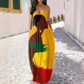 Летнее женское платье на бретельках в стиле ретро с контрастным цветным принтом большого размера с V-образным вырезом без рукавов и открытой спиной в богемном стиле трапециевидной формы длиной до щиколотки для отдыха Макси-платье S жёлтый