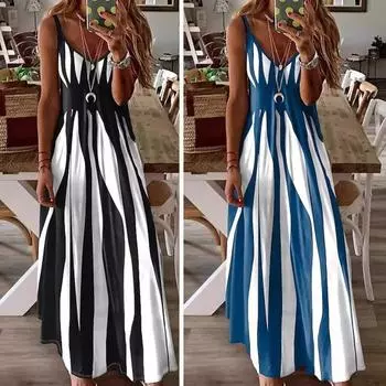 Летнее женское платье на бретельках в стиле ретро с контрастным цветным принтом Свободное платье с V-образным вырезом без рукавов в богемном стиле длиной до щиколотки для отдыха Макси-платье S синий