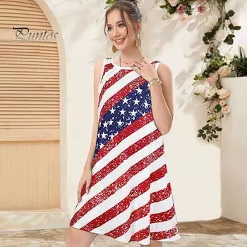Летнее женское платье на День независимости без рукавов в полоску со звездами и принтом американского национального флага с круглым вырезом без рукавов, сарафаны трапециевидной формы в тон L C