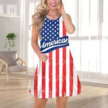 Летнее женское платье на День независимости без рукавов в полоску со звездами и принтом американского национального флага с круглым вырезом без рукавов, сарафаны трапециевидной формы в тон L C