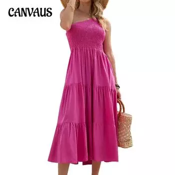 Летнее женское платье на одно плечо, плиссированное богемное длинное платье без рукавов с завязками на одно плечо для женщин S розовый