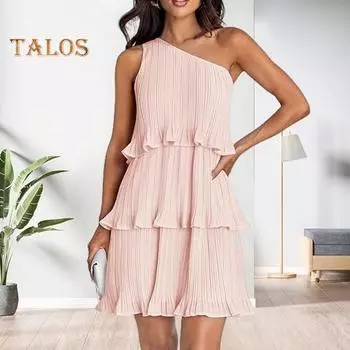 Летнее женское платье на одно плечо без рукавов с рюшами Многослойное плиссированное однотонное свободное мини-платье трапециевидной формы для пляжной вечеринки, выпускного вечера, банкета S чёрный