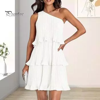 Летнее женское платье на одно плечо без рукавов с рюшами Многослойное плиссированное однотонное свободное мини-платье трапециевидной формы для пляжной вечеринки, выпускного вечера, банкета XL небесно-голубой