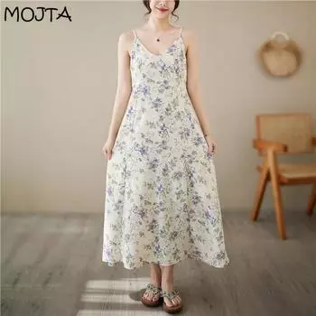 Летнее женское платье на подтяжках с цветочным принтом MOJTA, свободное пляжное платье большого размера M лавандовый