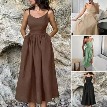 Летнее женское платье на шнуровке на бретельках с открытой спиной, V-образным вырезом, без рукавов, трапециевидной формы, со свободным подолом, сплошной цвет, боковые карманы, плиссированное платье с высокой талией L зелёный