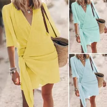 Летнее женское платье на шнуровке, однотонное, с тонкими короткими рукавами, свободное, с v-образным вырезом, повседневное, пляжное, бикини, платье-прикрытие XL жёлтый