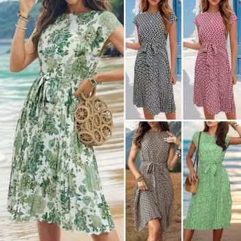 Летнее женское платье на шнуровке с тонкой талией и короткими рукавами длиной до колена с принтом трапециевидной формы плиссированное платье миди для отдыха на пляже и свиданий S красный