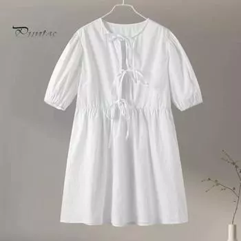 Летнее женское платье на шнуровке с бантом и декором с круглым вырезом и леопардовым принтом, с короткими пышными рукавами, сплошное цветное плиссированное мини-платье трапециевидной формы для свиданий S синий