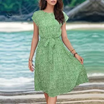 Летнее женское платье на шнуровке с тонкой талией и короткими рукавами длиной до колена с принтом трапециевидной формы плиссированное платье миди для отдыха на пляже и свиданий S красный