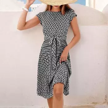 Летнее женское платье на шнуровке с тонкой талией и короткими рукавами длиной до колена с принтом трапециевидной формы плиссированное платье миди для отдыха на пляже и свиданий S красный