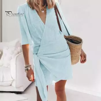 Летнее женское платье на шнуровке, сплошной цвет, тонкие короткие рукава, свободный V-образный вырез, повседневная повседневная одежда, пляжное бикини, мини-платье XL жёлтый