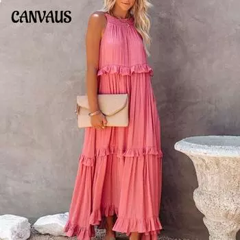 Летнее женское платье Необычная юбка-тортик Сплошное платье без рукавов с бретелькой на шее Платье со свободной талией отпускное платье S белый