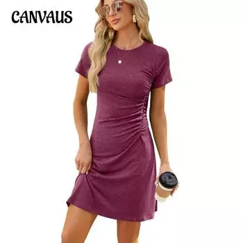 Летнее женское платье, новые однотонные плиссированные тонкие платья с круглым вырезом и короткими рукавами S чёрный