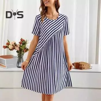 Летнее женское платье одинакового цвета с нерегулярным полосатым принтом и круглым вырезом с короткими рукавами, трапециевидной формы со свободным подолом, повседневное мини-платье для свиданий M красный