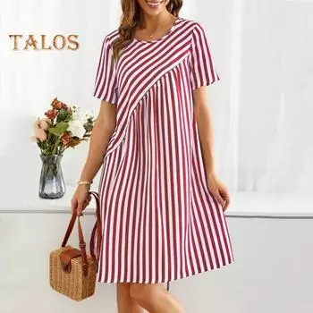 Летнее женское платье одинакового цвета с нерегулярным полосатым принтом и круглым вырезом с короткими рукавами, трапециевидной формы со свободным подолом, повседневное мини-платье для свиданий M красный