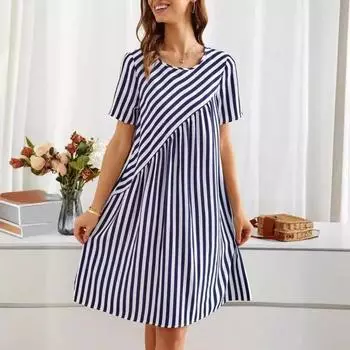 Летнее женское платье одинакового цвета с нерегулярным полосатым принтом и круглым вырезом с короткими рукавами, трапециевидной формы со свободным подолом, повседневное мини-платье для свиданий M красный