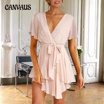 Летнее женское платье, однотонная юбка нерегулярной формы, темпераментное элегантное платье с v-образным вырезом и короткими рукавами S белый